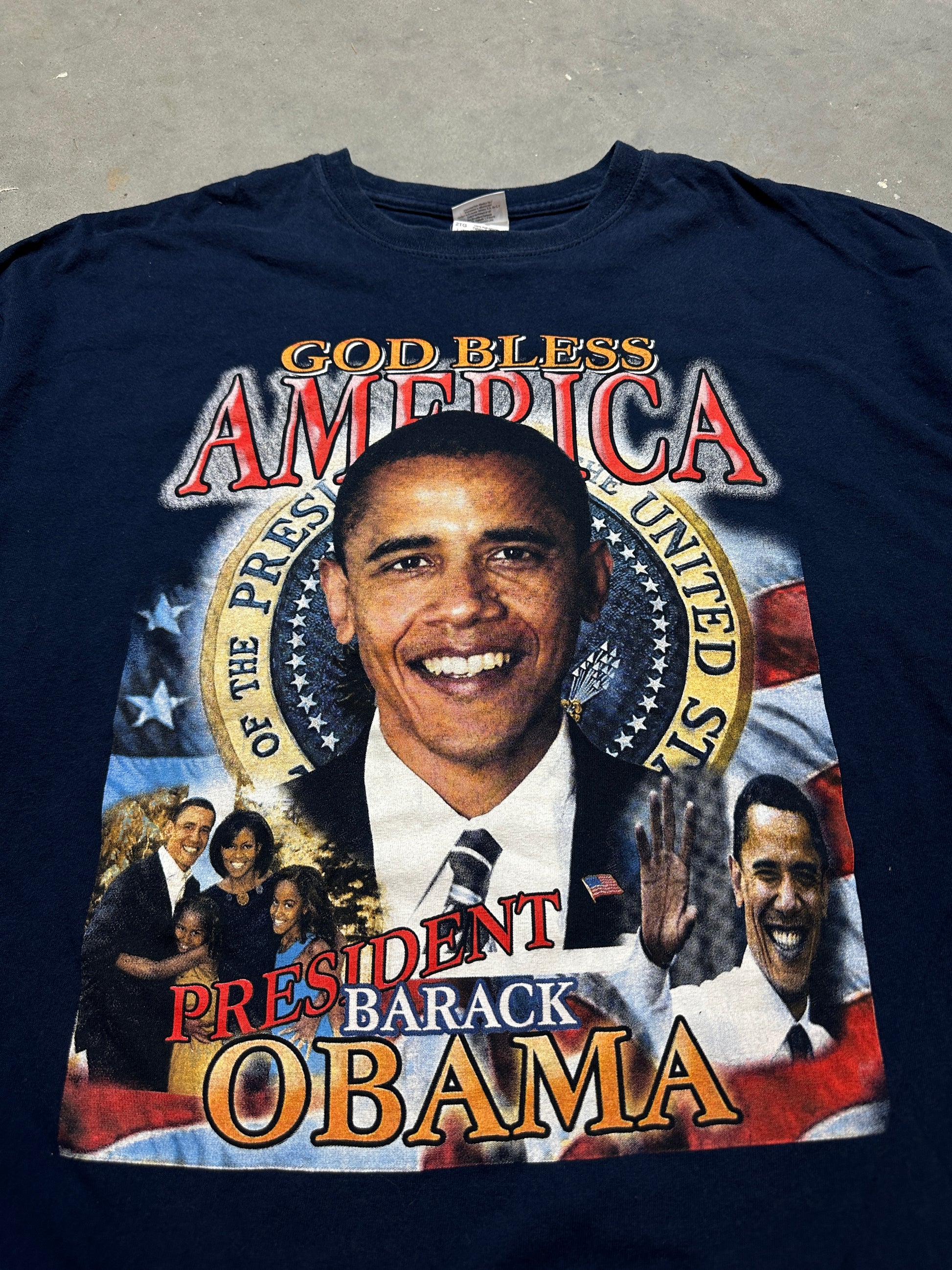 2008 President Barack Obama God Bless America Navy Blue Vintage Tee (XL)