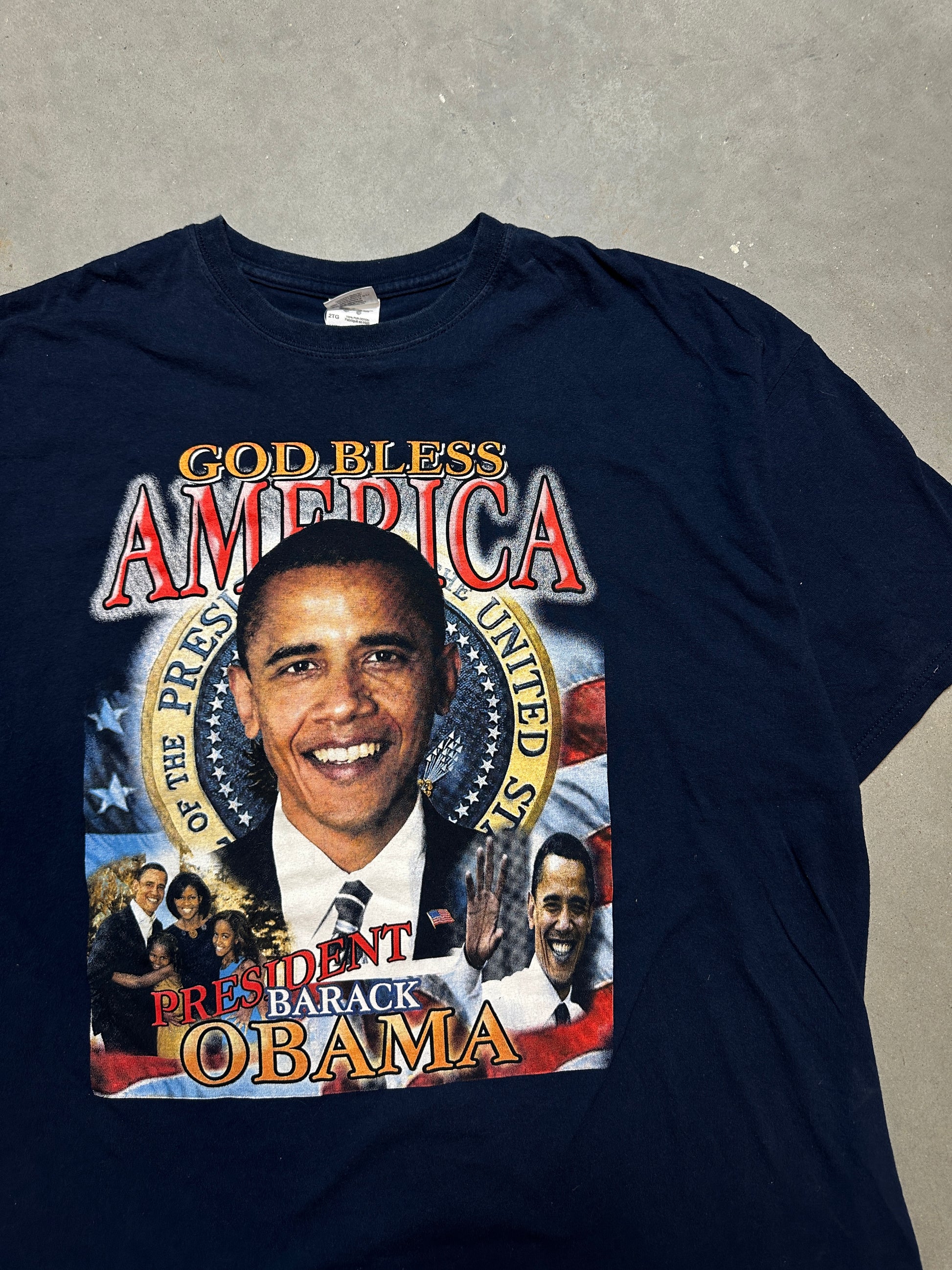 2008 President Barack Obama God Bless America Navy Blue Vintage Tee (XL)