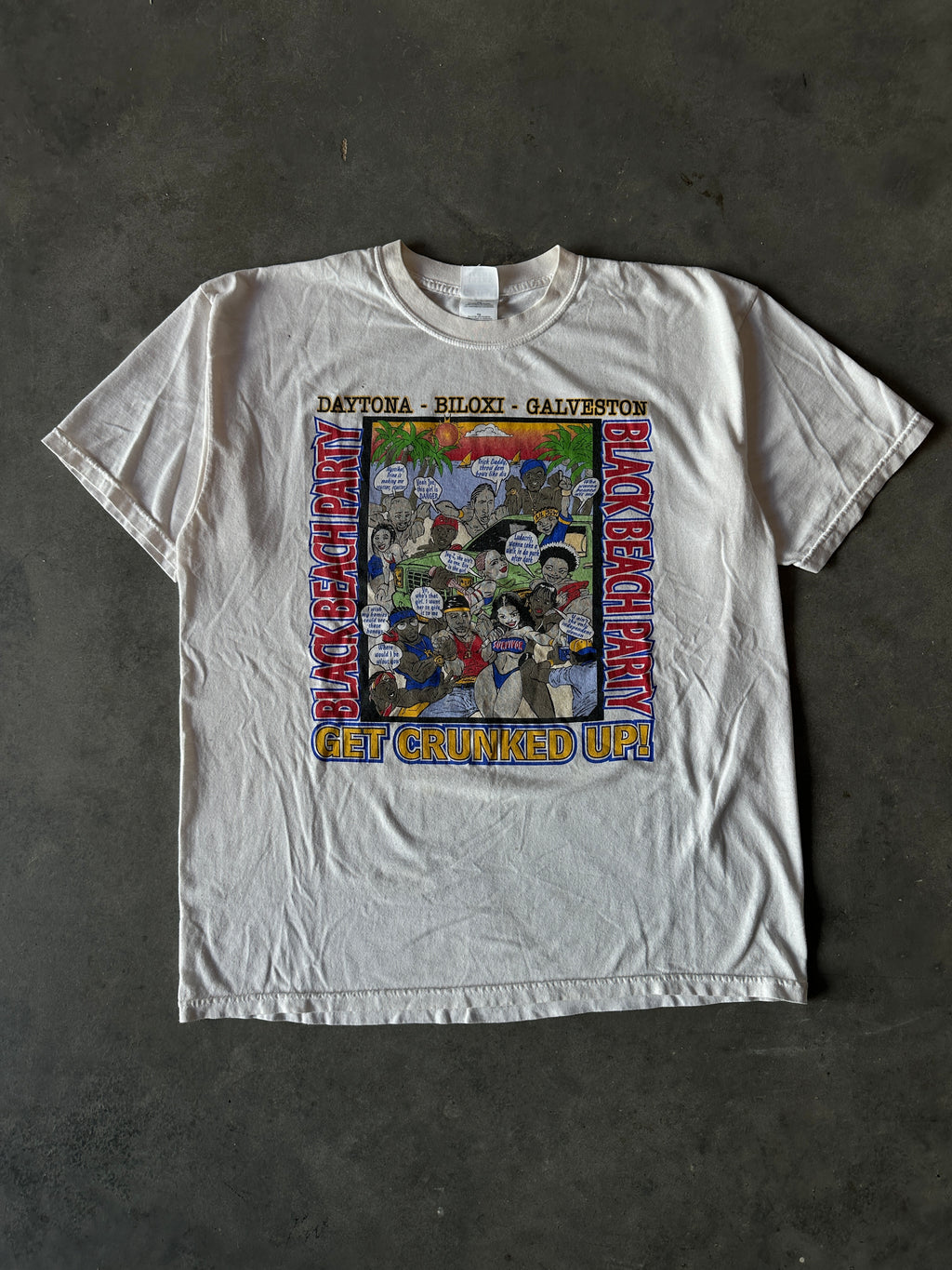 2001 Black Beach Party Get Crunked Up Black College Spring Break Get Your Freak On! Caricature Vintage Tee (XL)