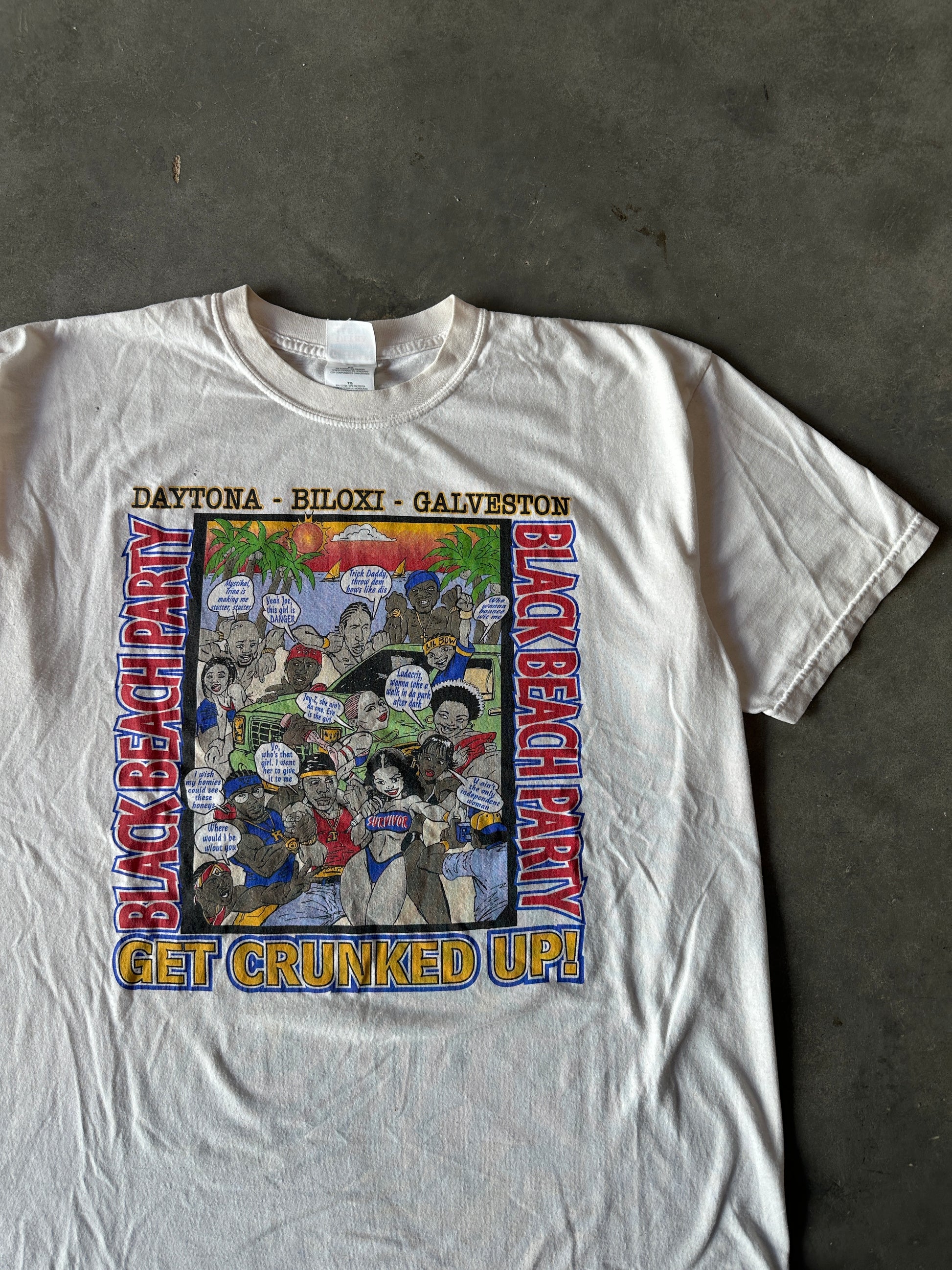 2001 Black Beach Party Get Crunked Up Black College Spring Break Get Your Freak On! Caricature Vintage Tee (XL)