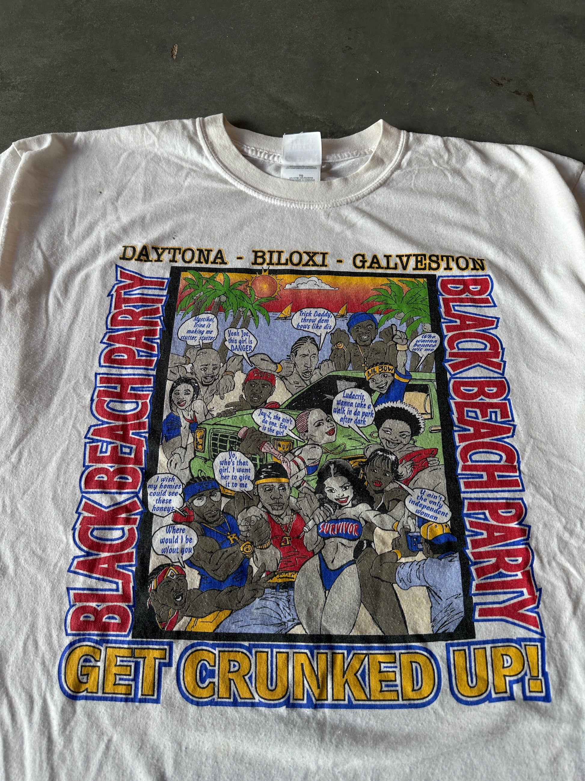 2001 Black Beach Party Get Crunked Up Black College Spring Break Get Your Freak On! Caricature Vintage Tee (XL)