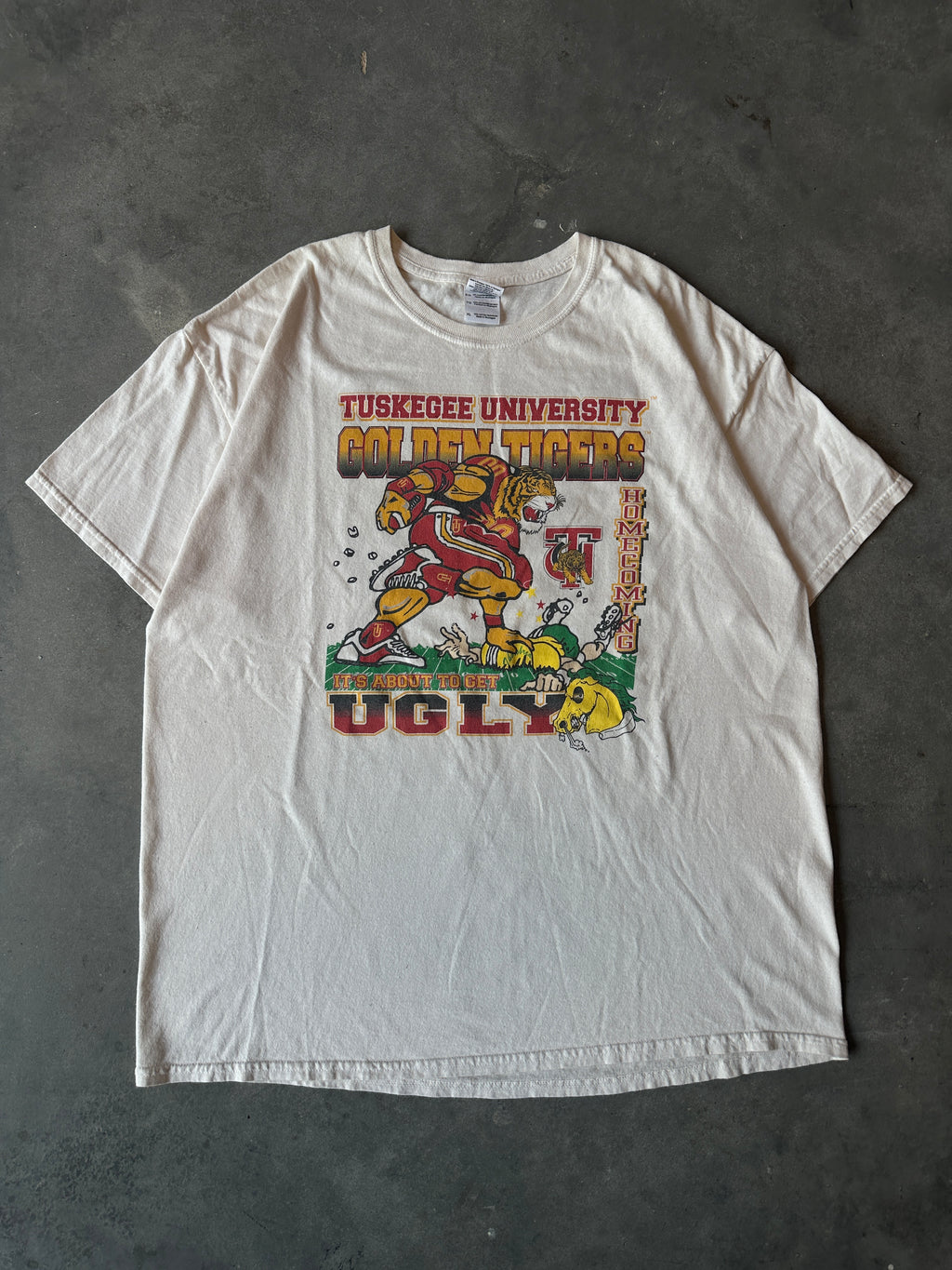 00's Tuskegee University Golden Tigers vs. Norfolk State University Trojans Homecoming "Turn Up! Golden Tigers" Vintage Tee (XL)
