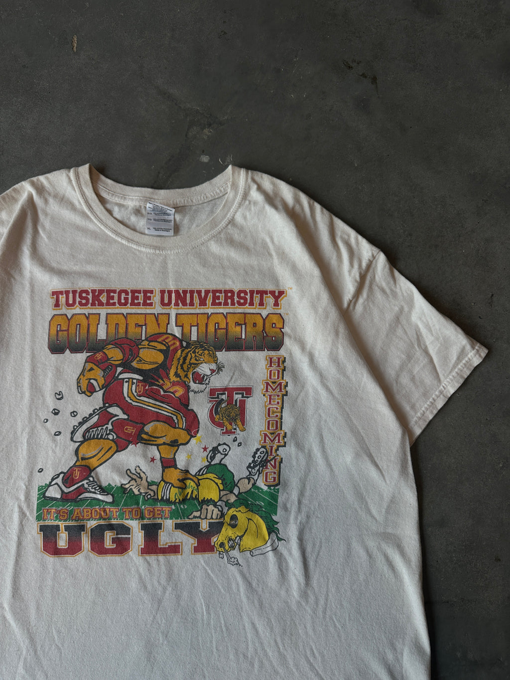 00's Tuskegee University Golden Tigers vs. Norfolk State University Trojans Homecoming "Turn Up! Golden Tigers" Vintage Tee (XL)