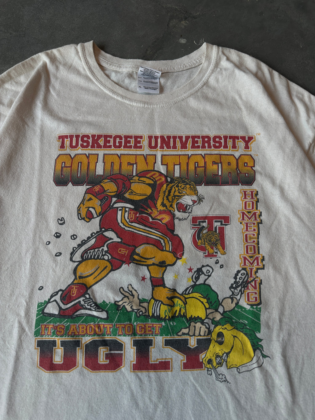 00's Tuskegee University Golden Tigers vs. Norfolk State University Trojans Homecoming "Turn Up! Golden Tigers" Vintage Tee (XL)
