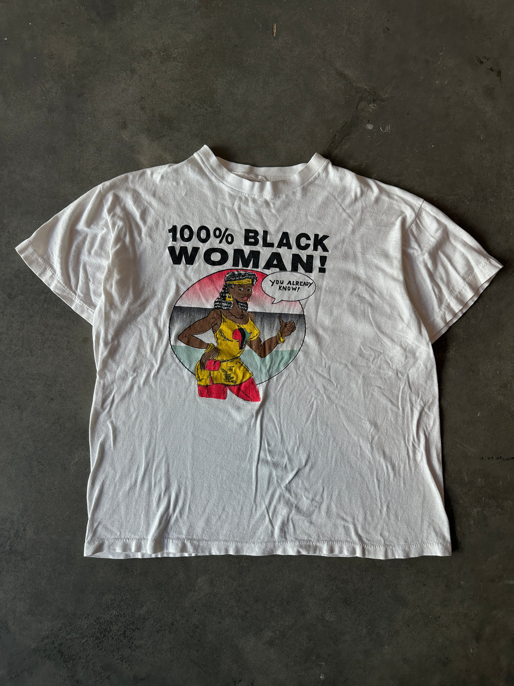 90’s 100% Black Woman “You Already Know” Cartoon Sketch Vintage Tee (Medium)