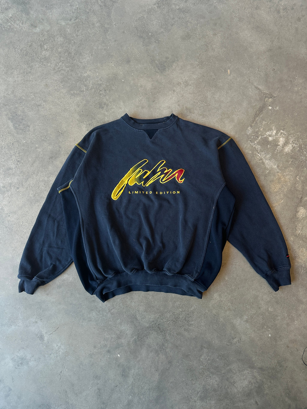 00’s FUBU Limited Edition Navy Gradient Heavyweight Embroidered Ribbed Crewneck Sweatshirt (XXL)
