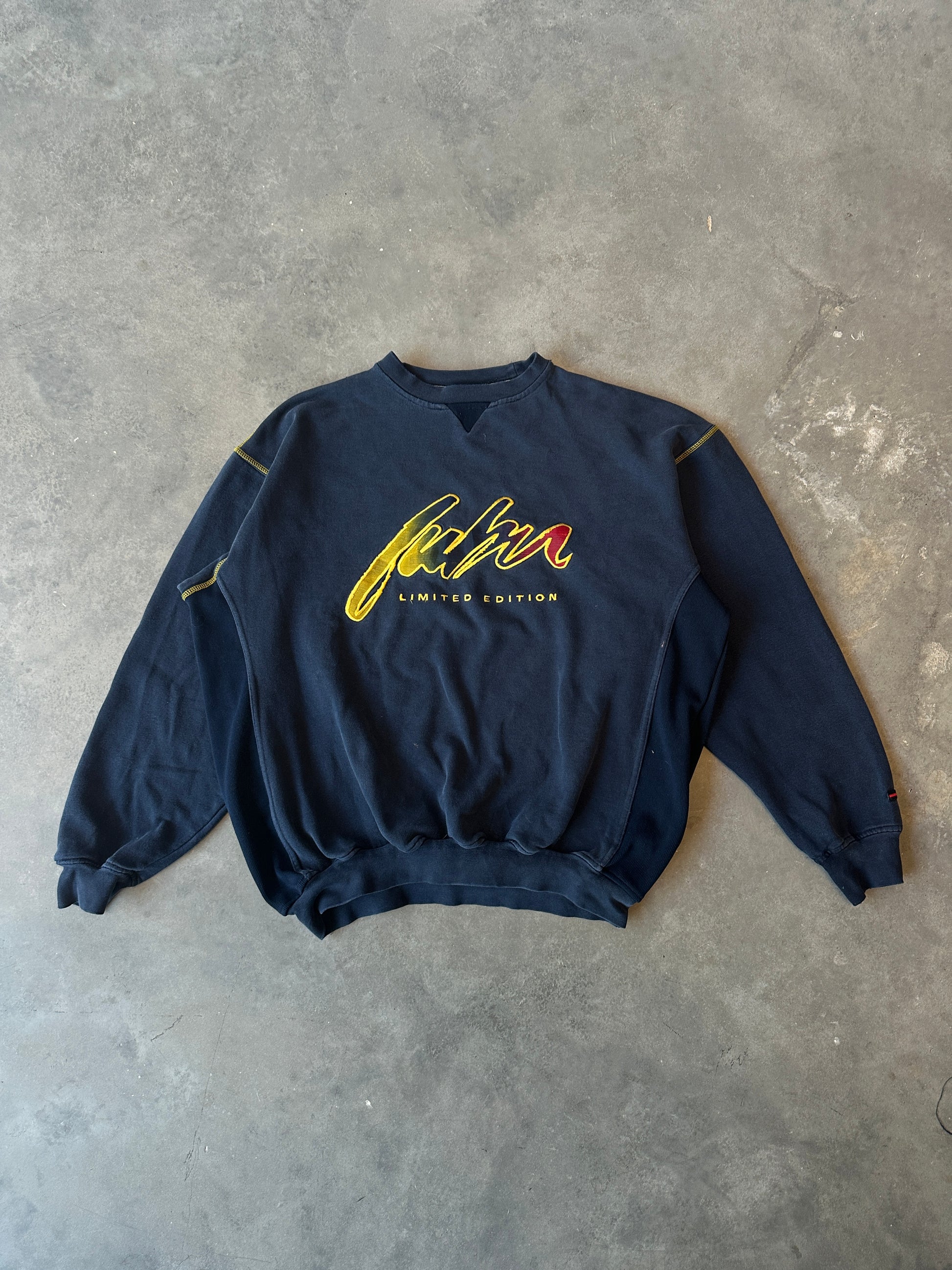 00’s FUBU Limited Edition Navy Gradient Heavyweight Embroidered Ribbed Crewneck Sweatshirt (XXL)