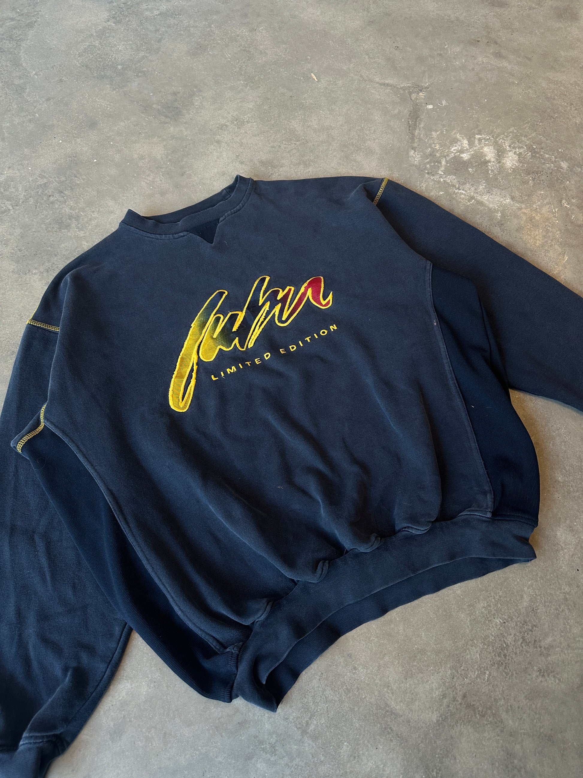 00’s FUBU Limited Edition Navy Gradient Heavyweight Embroidered Ribbed Crewneck Sweatshirt (XXL)