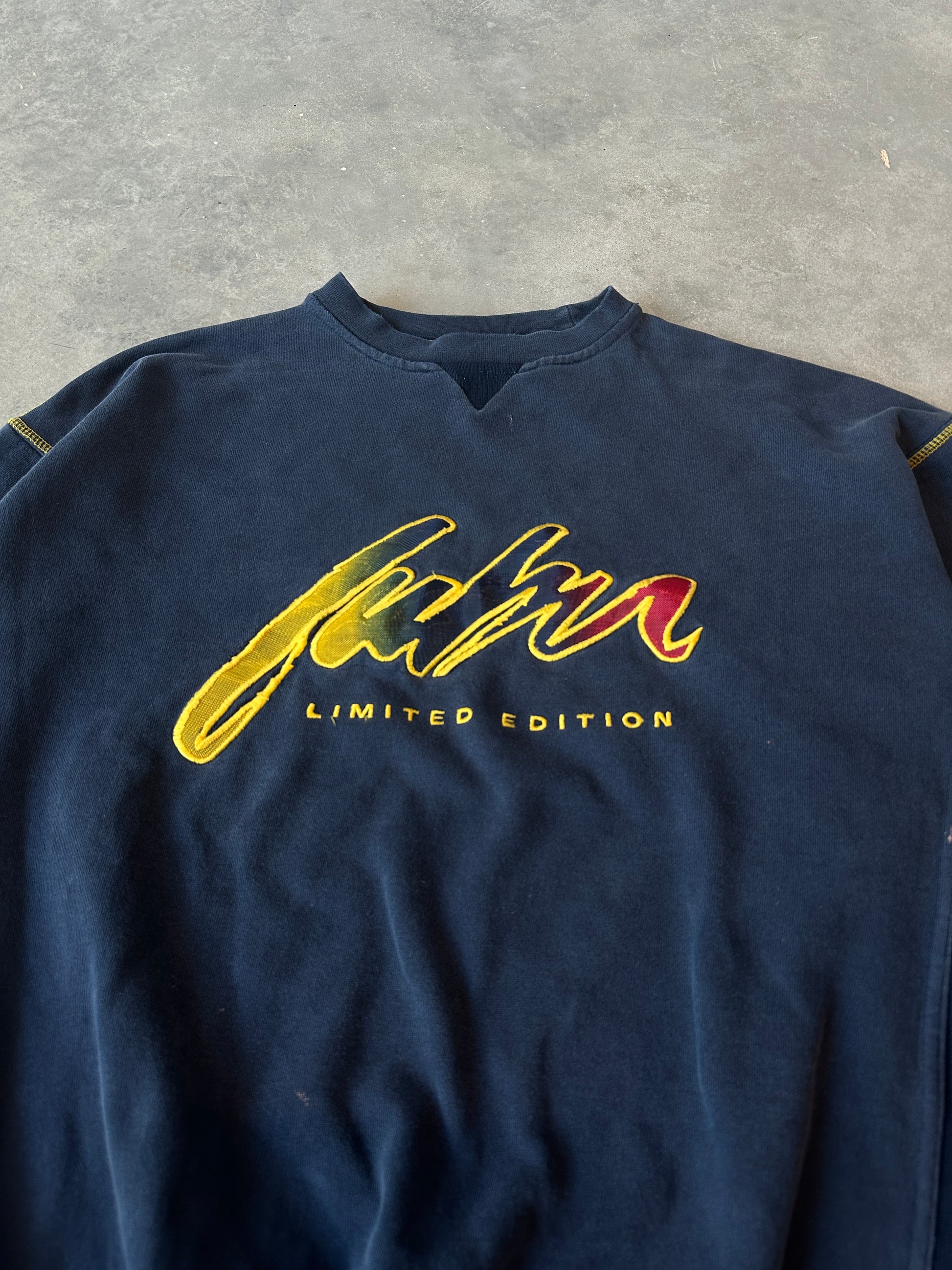 00’s FUBU Limited Edition Navy Gradient Heavyweight Embroidered Ribbed Crewneck Sweatshirt (XXL)