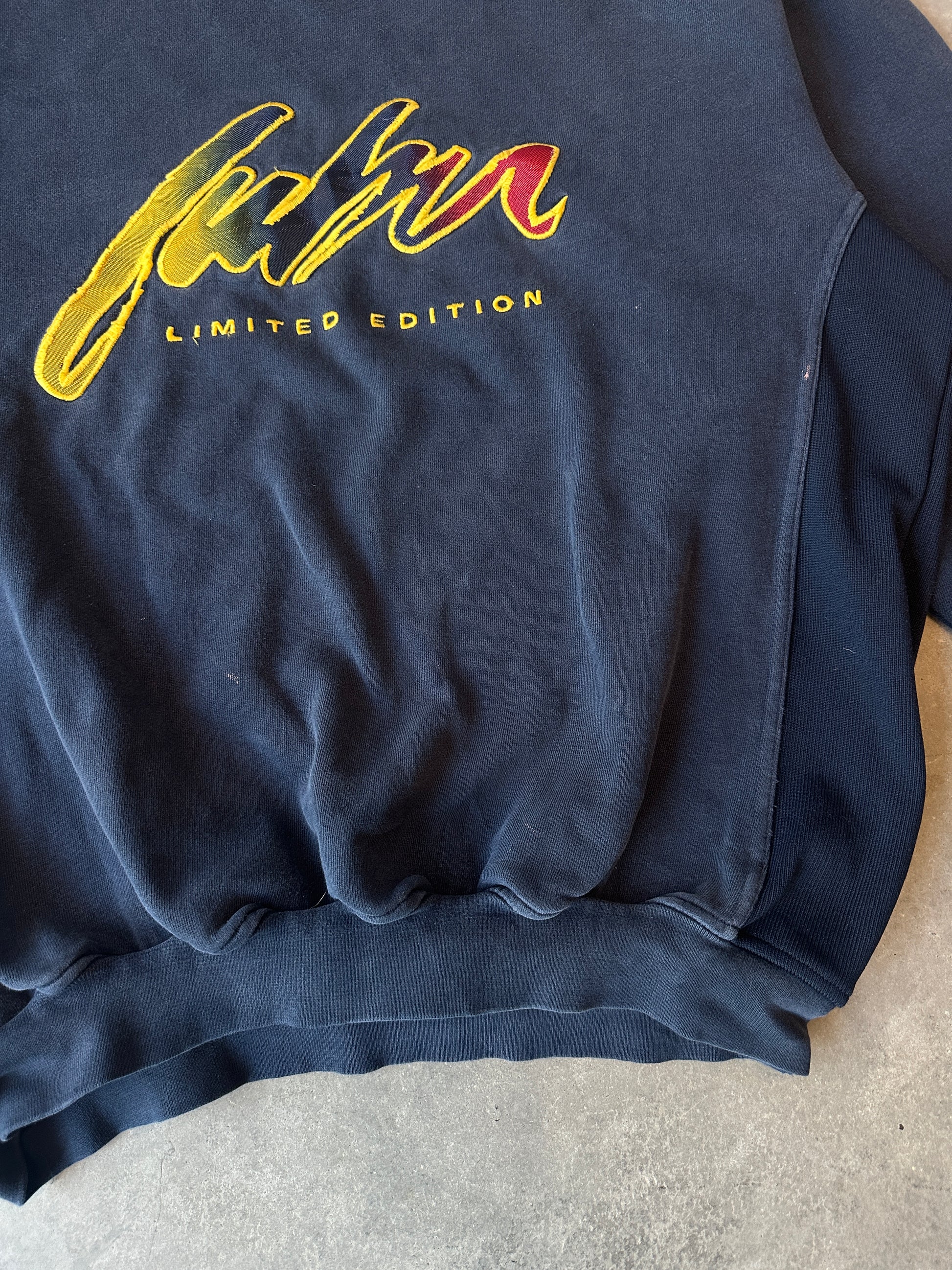 00’s FUBU Limited Edition Navy Gradient Heavyweight Embroidered Ribbed Crewneck Sweatshirt (XXL)