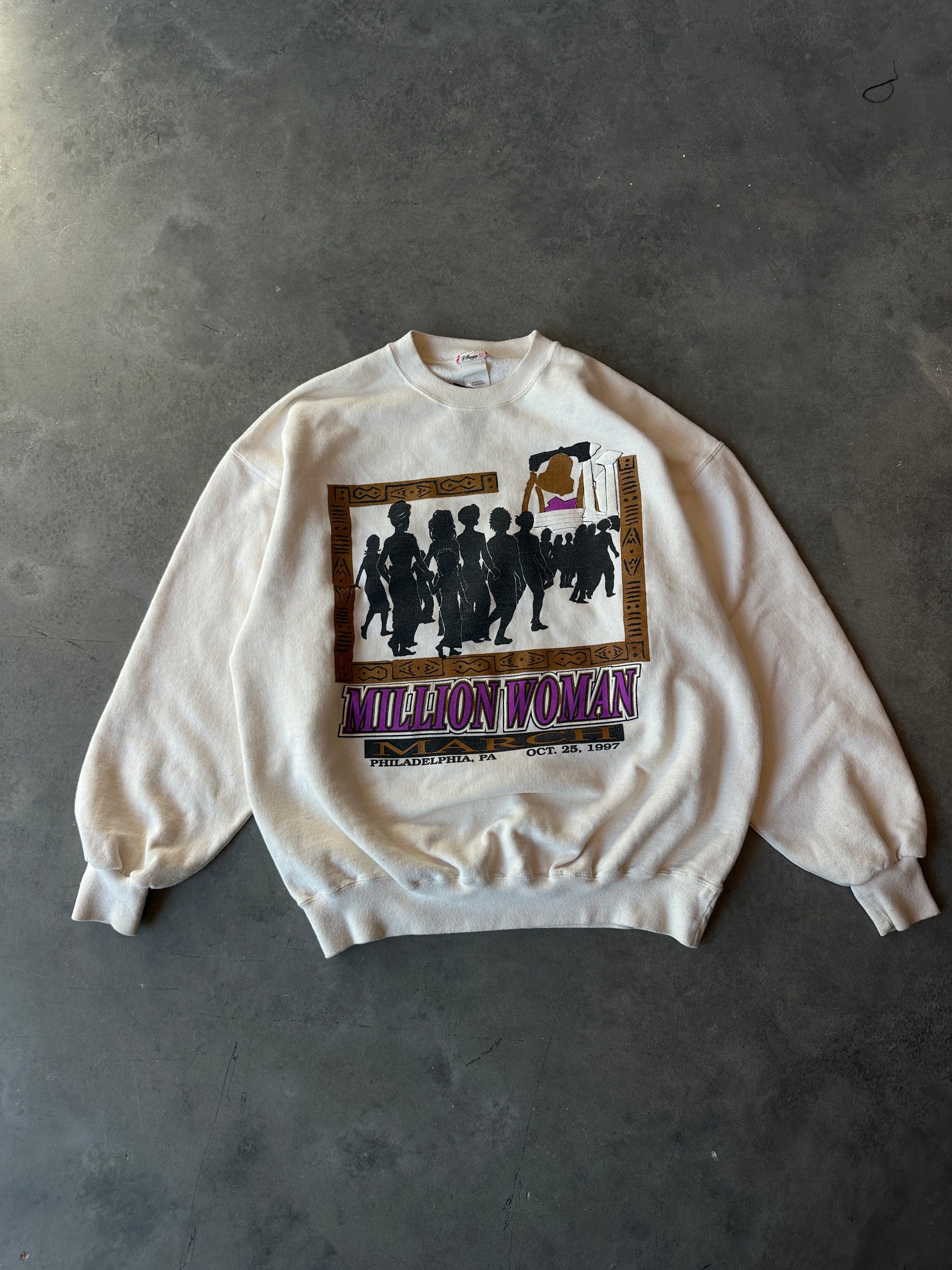 1997 Million Woman March “My Heart and Soul Supports The Million Woman March” Vintage Beige Heavyweight Crewneck Sweatshirt (XL)