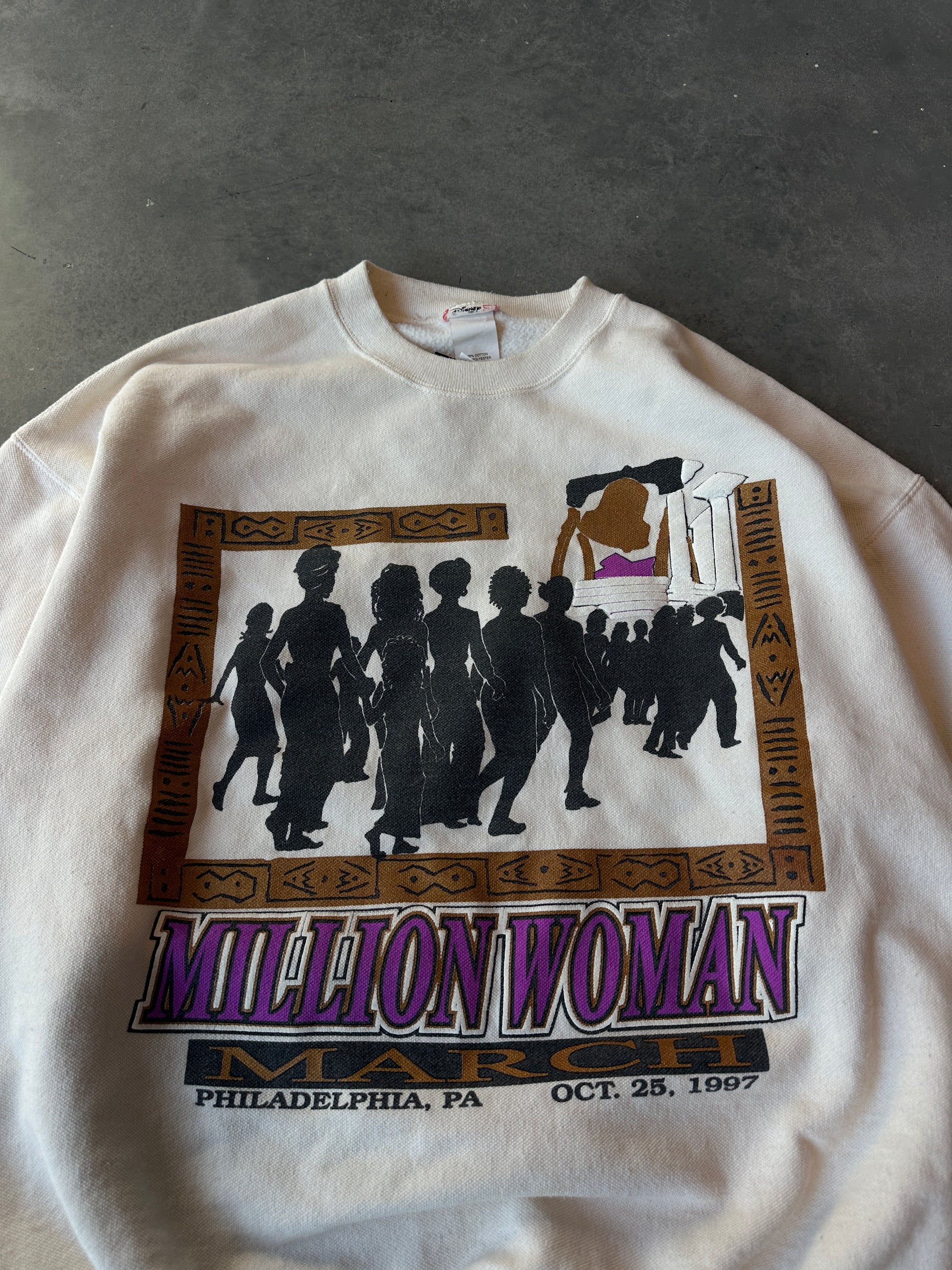 1997 Million Woman March “My Heart and Soul Supports The Million Woman March” Vintage Beige Heavyweight Crewneck Sweatshirt (XL)