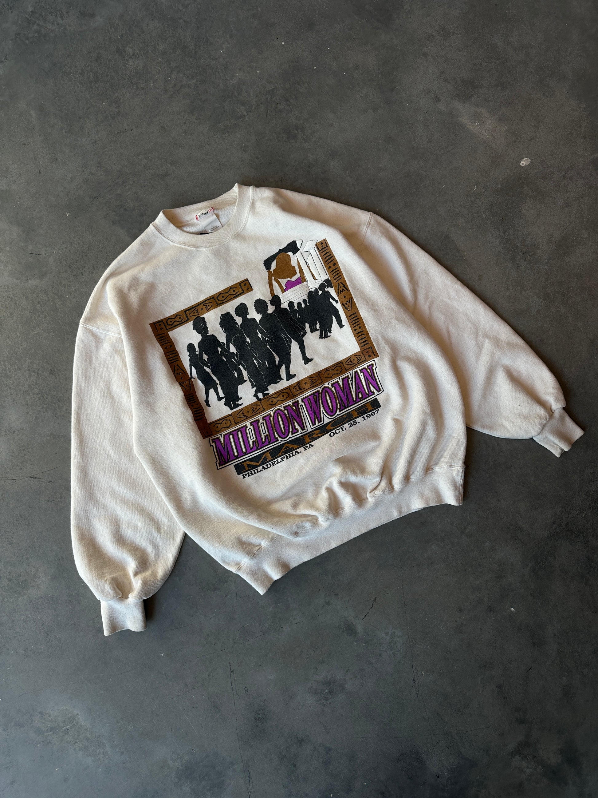 1997 Million Woman March “My Heart and Soul Supports The Million Woman March” Vintage Beige Heavyweight Crewneck Sweatshirt (XL)