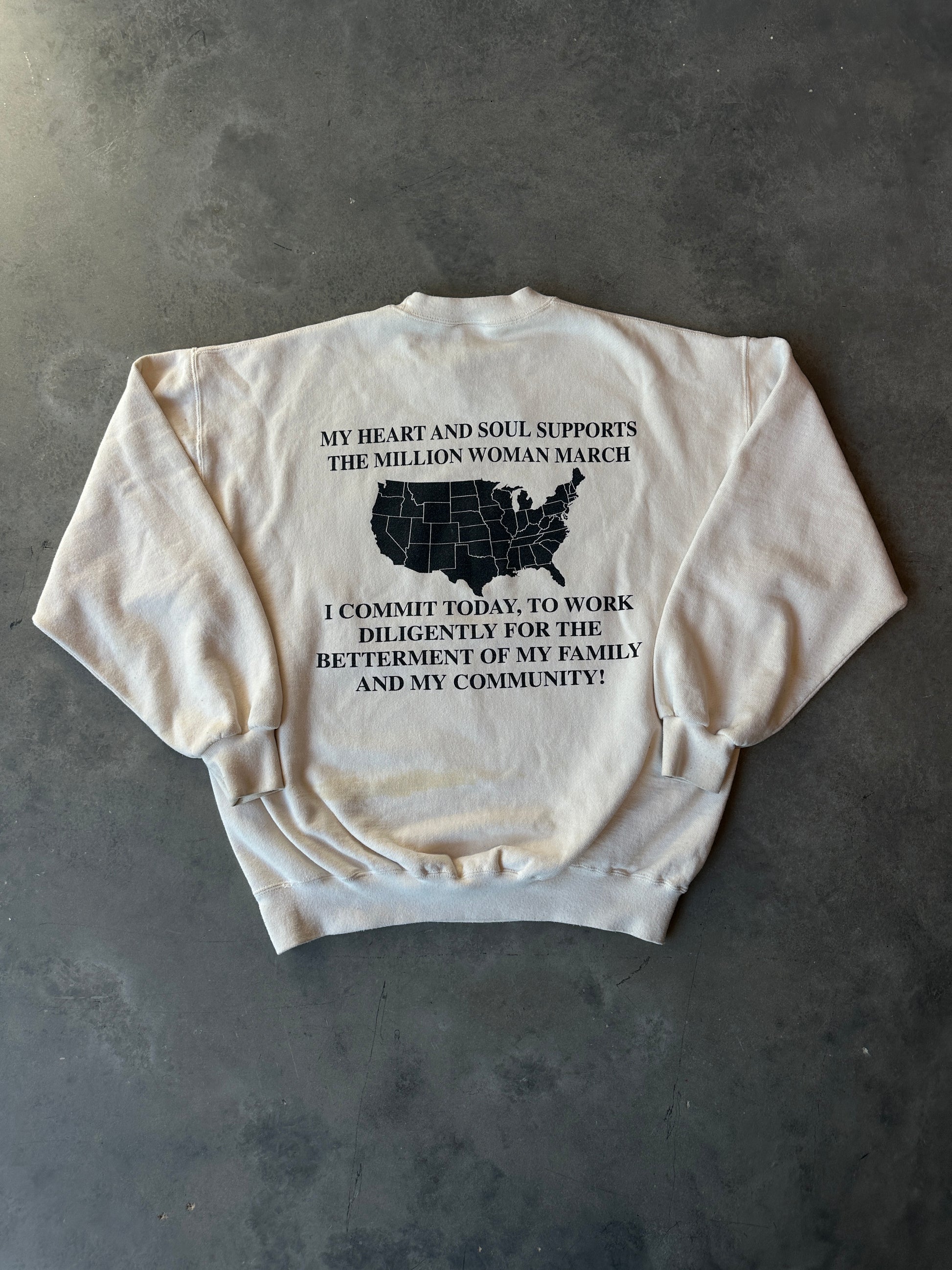 1997 Million Woman March “My Heart and Soul Supports The Million Woman March” Vintage Beige Heavyweight Crewneck Sweatshirt (XL)